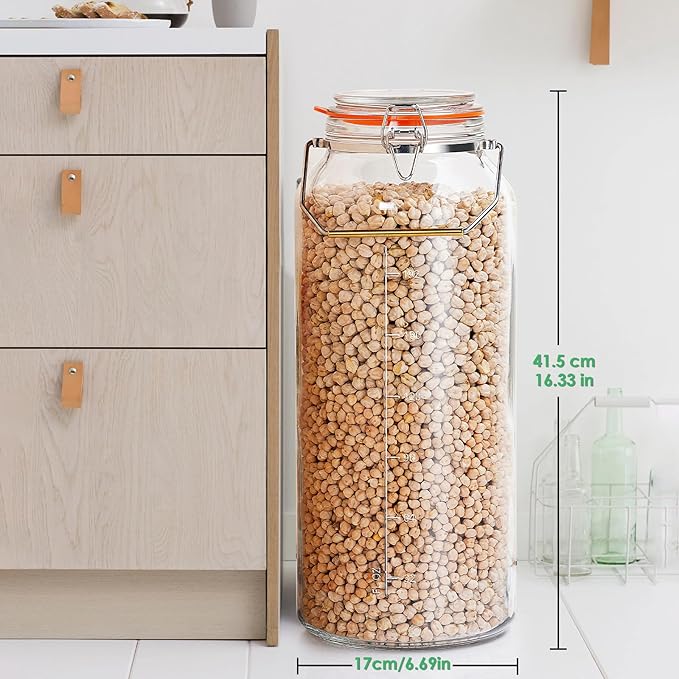 2 Gallon Glass Jar with Airtight Lid(7600ML), Gallon Airtight Glass Storage Jar with Stainless Steel Handle - Large Glass Food Storage Containers with Lids Flour, Sugar, and Dog Treats