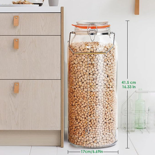 2 Gallon Glass Jar with Airtight Lid(7600ML), Gallon Airtight Glass Storage Jar with Stainless Steel Handle - Large Glass Food Storage Containers with Lids Flour, Sugar, and Dog Treats