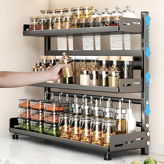VORA Spice Rack for Countertop, 3 Tier Height-Adjustable Spice Organization for Cabinet, Kitchen Countertop Organizer, Metal Standing Large Seasoning Storage Shelf, Black