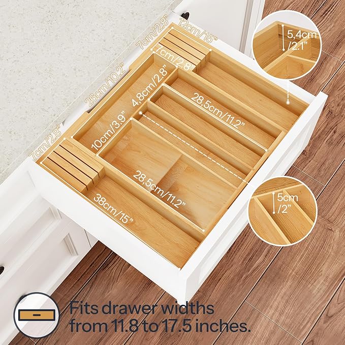 HOOBRO Silverware Organizer Kitchen Drawer Organizer, Expandable Utensil Drawer Organizer, with 2 Knife Block, Bamboo Cutlery Tray with Divider for Flatware and Kitchen Utensils, Natural YL06TL01