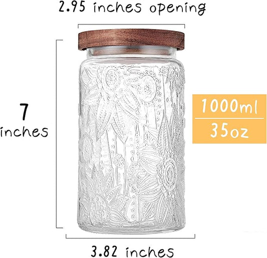 Glass Storage Jars With Airtight Lid, 35oz Container For Kitchen Counter with Wooden Lid, brown sugar, candy, coffee, cookie, salt, tea, cute Jar (35oz Large Sunflower)