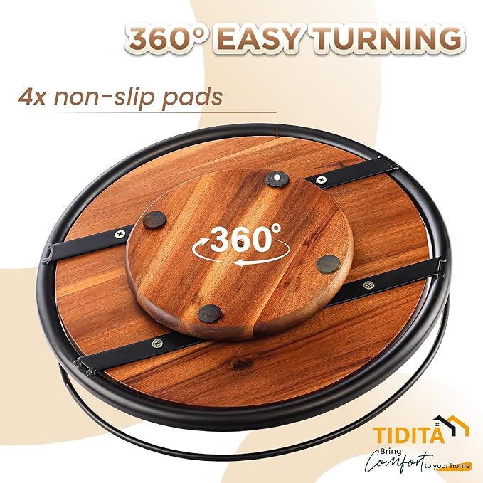 13" Acacia Wood Lazy Susan Turntable with Metal Frame for Table Top - Wooden Serving Tray Rotating for Kitchen Counter - Centerpiece Organizer Storage Food Bin Container for Pantry, Fridge