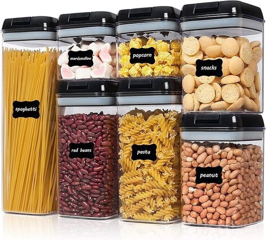 Vtopmart Airtight Food Storage Containers, 7 Pieces BPA Free Plastic Cereal Organizer Canisters with Easy Lock Lids, for Kitchen Pantry Organization, 24 Labels, Black