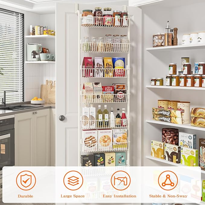 Over the Door Pantry Organizers and Storage, 8-Tier Spice Rack, Home & Kitchen Storage Shelves for Cabinet, Large Capacity Hanging Seasoning Organizer, Laundry Room Organization, White