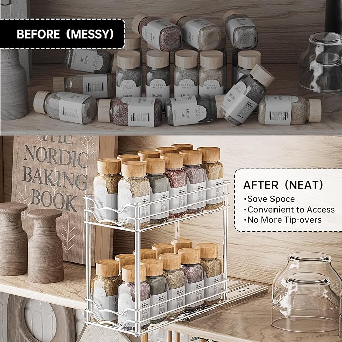 Pull Out Spice Rack Organizer for Inside Cabinet, Slide Out Chrome Spice Organization for Cabinet, Easy to Install Seasoning Organizer for Kitchen Storage, 4.9''Wx10.4''Dx9.57''H - 2 Tier