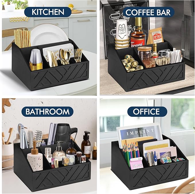 Paper Plate Dispenser, Paper Plate Holder for Kitchen Counter, Wood Rustic Silverware Utensil Caddy, Cutlery Flatware Organizer Box for Cups Spoons Forks Plates Napkins, Kitchen Accessories (Black)