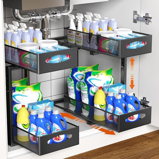 2 Pack Under Sink Organizer, 2 Tier Metal Pull Out Under Sink Storage with Sliding Mesh Drawers, Height Adjustable Slide Out Under Sink Organizer for Kitchen Bathroom Cabinet, Black