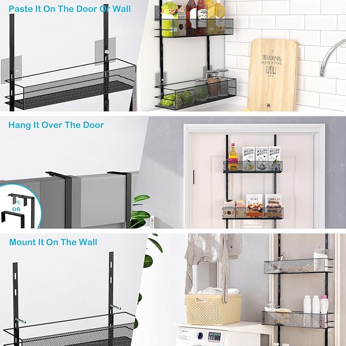Over the Door Pantry Organizer - 6-Tier Mesh Basket Hanging & Wall Mounted Pantry Door Organizer, Over the Door Spice Rack with Adjustable Hooks for Kitchen, Bathroom, Bedroom, Storage Room (Black)