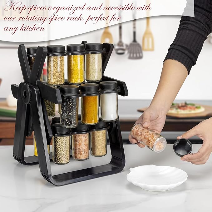 Rotating Spice Rack with 18 Glass Jars, Labels, and Funnel - 360 Degree Rotating Ferris Wheel Revolving Spice Rack Organiser for Seasoning & Herbs -Gift Set As Spice Organiser
