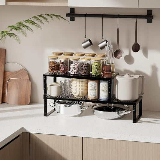 Expandable Spice Rack & Kitchen Cabinet Organizer - Stackable, Adjustable Shelves for Cabinets, Countertops, Cupboards & Pantries(1 Pack/Large/Black)