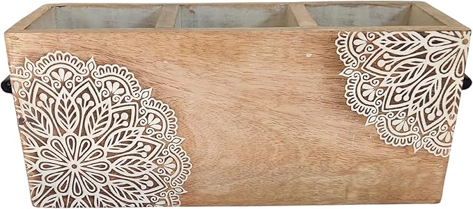 VANIYA CRAFTSR® Handmade Wooden Carved Design Compartments Cutlery Utensil Holder For Napkins, Spoons, Forks, Tissues, Knife Natural finish (Natural White Finish)