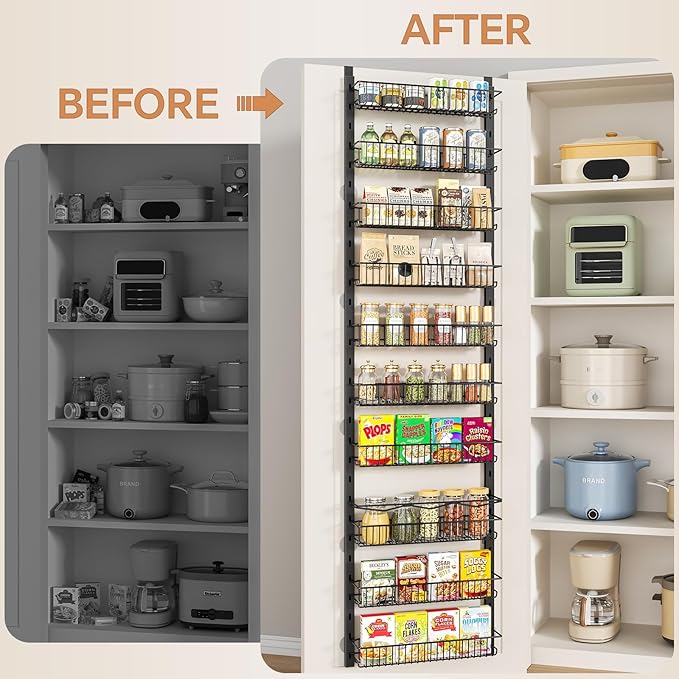 Over the Door Pantry Organizer, 10-Tier Adjustable Spice Rack Cabinet Door Shelves, Hanging Seasoning Organizer for Kitchen Bathroom, Laundry Room Organization, Black