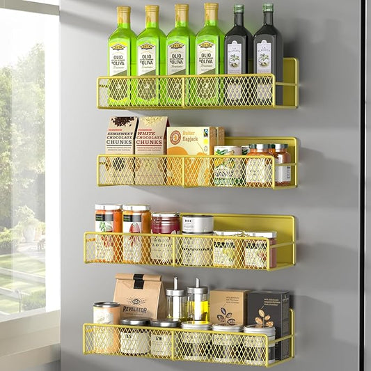 Magnetic Spice Rack for Refrigerator, 4 Pack Metal Magnetic Shelf Yellow, Moveable Spice Organizer, Super Magnetic Fridge Shelf for Kitchen Organization and Storage