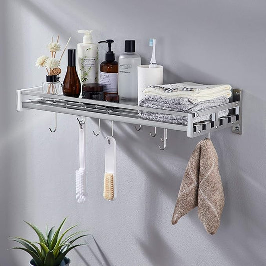 Wall Shelf with 16 Hooks, Stainless Steel Wall Hanging Shelf Organizer Rack for Kitchen, Heavy Duty Slat Shelving Unit for Storage (20'' by 9 1/2")