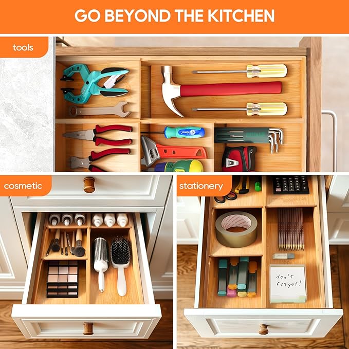Bamboo Silverware Drawer Organizer, Removable Dividers Kitchen Utensil Drawer Organizer for Different Dimension Flatware, Spoons, Forks, Knives (Natural, 5 Slots)