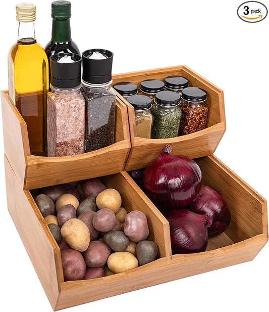 Seville Classics Bamboo Premium Organizer Storage Bins for Kitchen Silverware, Pantry, Closet, Office Desk, Pens, Utensils, Makeup, K Cup, Bamboo, Stackable Bin Set (3 Piece)