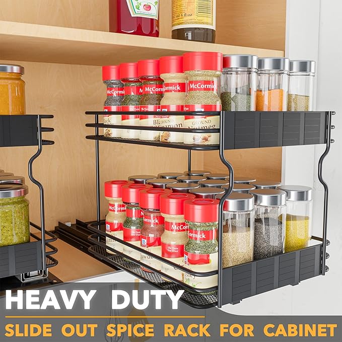 SpaceAid Pull Out Spice Rack Organizer for Cabinet, Heavy Duty Slide Out Seasoning Kitchen Organizer, Cabinet Organizer, with Labels, 8.5" W x10.75 D x8.5 H, 1 Drawer 2-Tier
