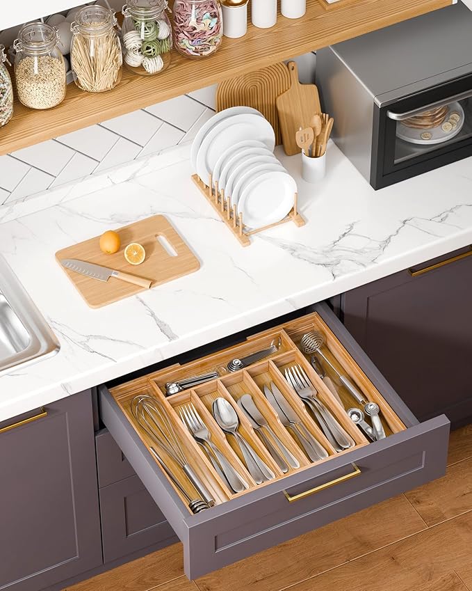 Kitsure Large Thickened Silverware Organizer - Expandable Bamboo Kitchen Drawer Organizer for Cooking Utensils and Cutlery, Sturdy Kitchen Organizers and Storage Solution, 18.5"×13.3"×1.8"