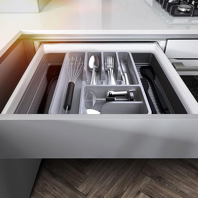Mueller Flatware Kitchen Drawer Organizer, 19.7" x 15" Silverware Organizer, 6 Compartments, Heavy-Duty, Cutlery Tray for Utensils or Stuff, Dining Room, Living Room, Large, Grey