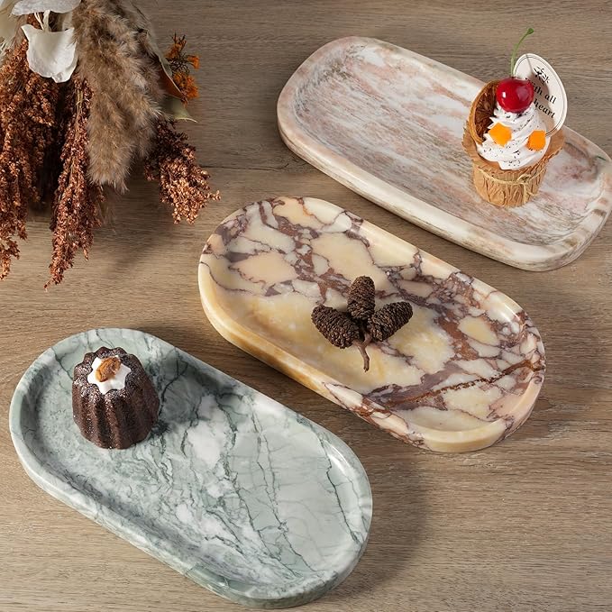 Koville Natural Marble Tray for Decor, Marble Vanity Tray for Perfume, Cosmetics, Jewelry, Stone Decorative Trays for Dresser Organizer, Storage Trays for Home Bathroom Countertop(Calacatta Viola)