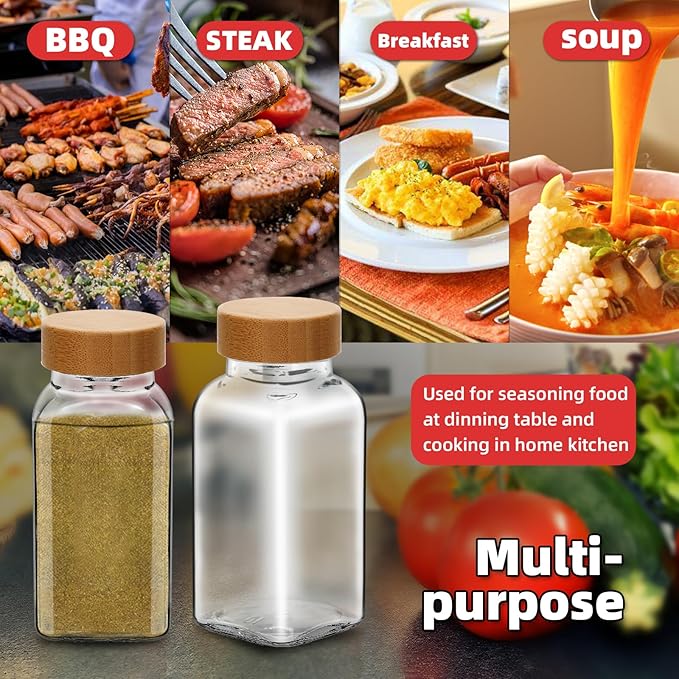 12Pcs 6oz Glass Spice Jars Bamboo Lids with Shaker Lids, Spice Jars Trial Set & Supplement Set, Empty Spice Containers and Square Spice Bottles for Kitchen (12)