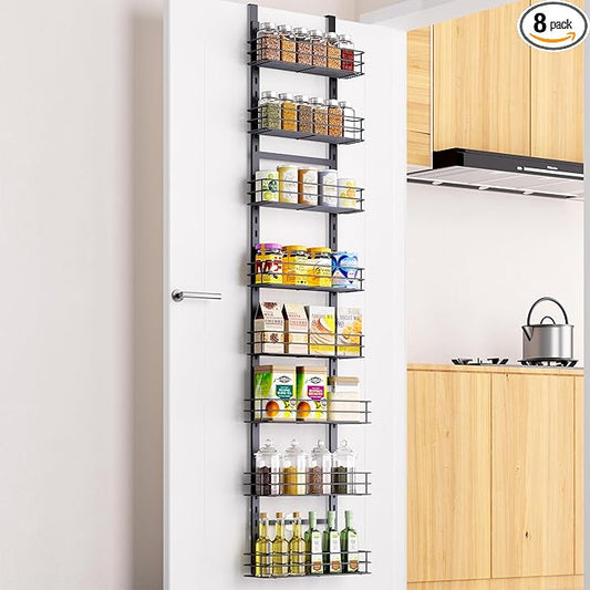 Pantry Door Organizer 12 Inch Wide, 8 Tier Hanging Adjustable Over the Door Spice Rack For Narrow Space,Matt Black