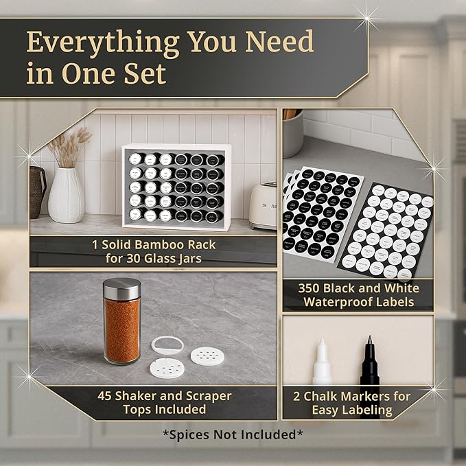 BOURBON & BARREL Wooden Spice Rack Organizer with Glass Jars | Stainless Steel Lids | Bamboo Countertop Spice Organization | 350 Waterproof Spice Labels | 2 Chalk Markers | 30 4oz Jars [White]