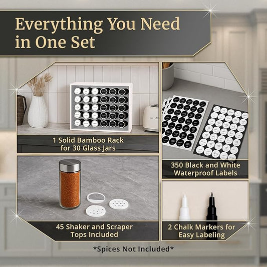 BOURBON & BARREL Wooden Spice Rack Organizer with Glass Jars | Stainless Steel Lids | Bamboo Countertop Spice Organization | 350 Waterproof Spice Labels | 2 Chalk Markers | 30 4oz Jars [White]
