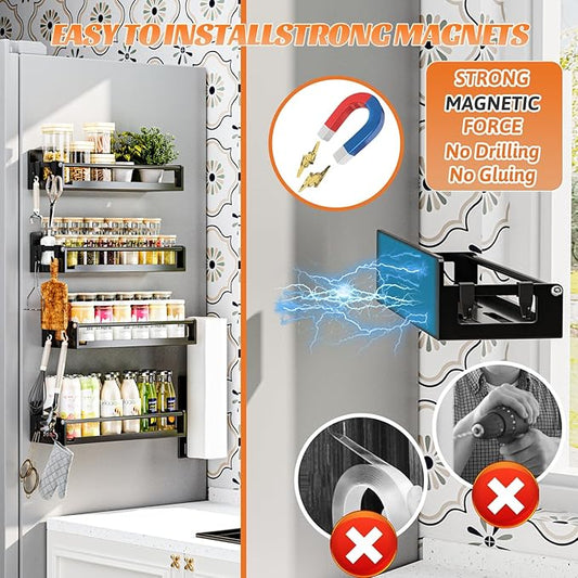 5 Pack Magnetic Spice Storage Rack Organizer for Refrigerator and Oven, Black Fridge Organizers and Storage, Paper towel holder, Punch and no-punch dual purpose