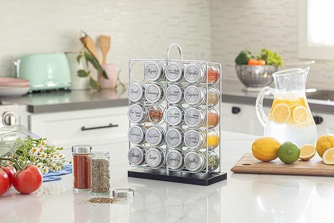 Orii 20 Jar Spice Rack Stainless Steel with Spices Included - Standing Rack Shelf Holder & Countertop Spice Rack Tower Organizer for Kitchen Spices with Spice Refills for 5 Years