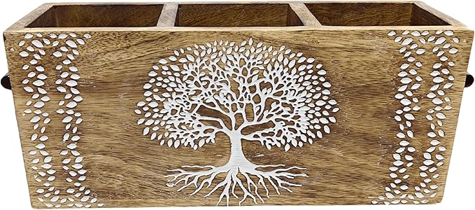 VANIYA CRAFTSR® Handmade Wooden Carved Design Compartments Cutlery Utensil Holder For Napkins, Spoons, Forks, Tissues, Knife Natural finish (Natural White 6)