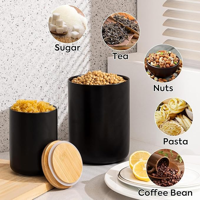 Yangbaga Black Canisters for Kitchen-Kitchen Canisters for Countertop with Airtight Wood Lids/Spoons/Stickers,Ceramic Kitchen Storage Containers for Large Flour,Suger,Coffee（15 OZ)