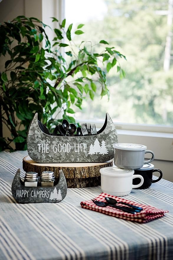 Boston Warehouse 55169 Canoe Shaped Galvanized Metal Flatware Caddy, 14 Inch, The Good Life