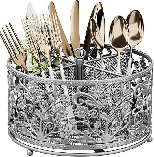 360° Rotating Utensil Caddy - Silverware Cutlery Caddy Holder with 4 Compartment, Metal Flatware Organizer Countertop with Handle for Party Camping Picnic, Kitchen Counter, Office (Silver)