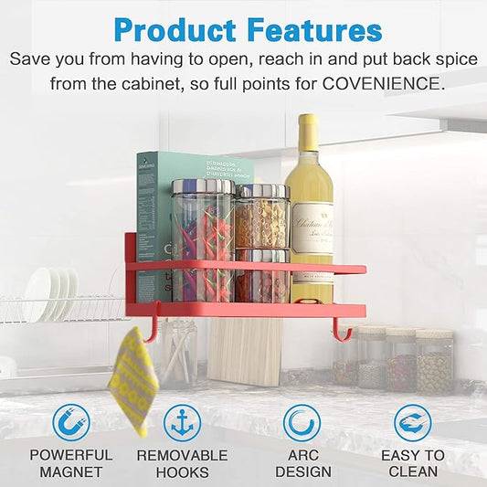Thipoten Magnetic Spice Rack, Strong Magnetic Shelf with 2 Removable Hooks, Perfect Space Saver for Small Kitchen/Apartment, Awesome Metal Cabinet for Holding Spices, Jars, Bottle, Beve(Red, 2Pack)