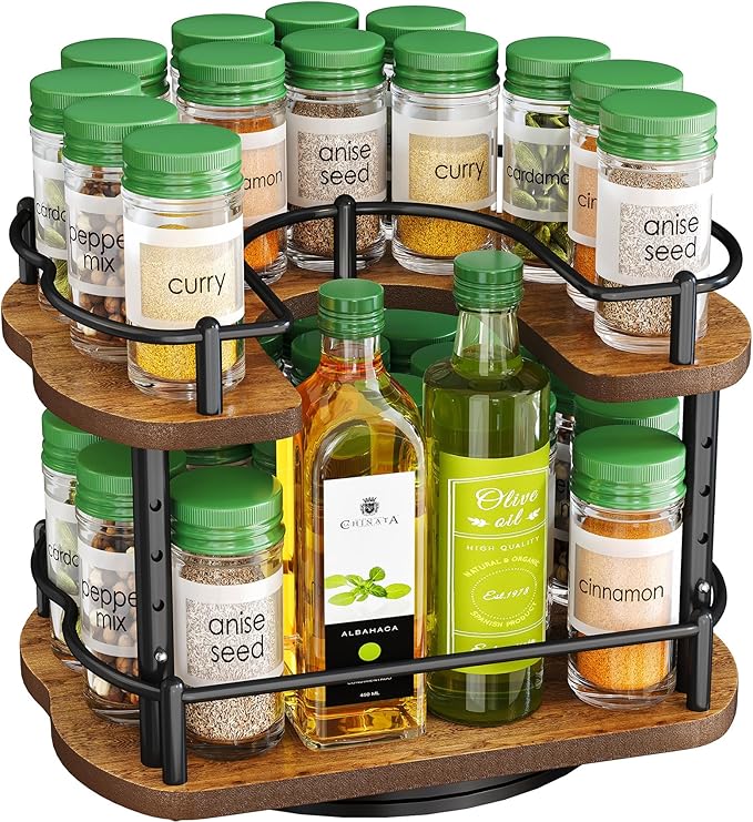 Lazy Susan Organizer Spice Rack for Cabinet - Height Adjustable Rotating Lazy Turntable Spice Organization for Table Top Pantry Kitchen, Wood Lazy Susan 10 inches Black