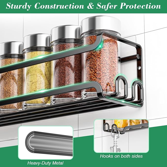LUCYCAZ 8 Pack Wall Mounted Spice Rack with 32 Hooks, Spice Organizer for Cabinet Pantry Door,Screw or Adhesive Spice Shelf Hanging Wall Spice Rack in Kitchen and RV (Black)