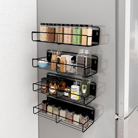 Magnetic Spice Rack for Refrigerator, 4 Pack Strong Magnetic Shelf Kitchen Organizer with 4 Hooks and Adhesive Stickers Black