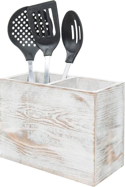 MyGift Whitewashed Wood Kitchen Utensil Holder Organizer, Countertop Flatware Silverware Cooking Utensil Crock Storage Caddy with 2 Compartments