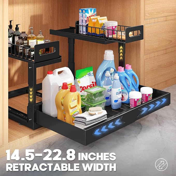 1 Pack Expandable Under Sink Organizers And Storage With Upgrade Ball-Bearing Slide Tracks,2-Tier Pull Out Under Cabinet Organizer Height Adjustable,Slide Out Under Sink Drawers-Black(Patent Pending)