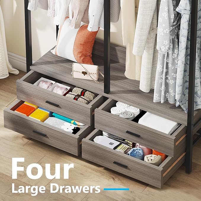 Tribesigns Freestanding Closet Organizer for Hanging Clothes, Heavy Duty Garment Rack with 4 Drawers, 8 Hooks and Storage Shelves, Wardrobe Closet Clothing Rack for Bedroom, Living Room, Grey