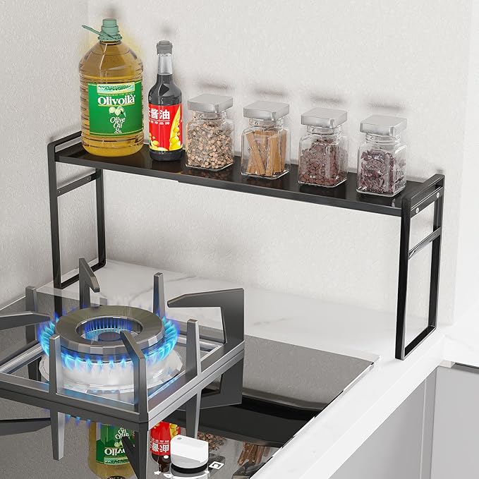 Expandable Metal Spice Organizer Shelf, Standing Small Narrow Rack for Seasonings, Adjustable Kitchen Storage Shelf Countertop (Black, L13.7-23.6''*W3.54''H7'')