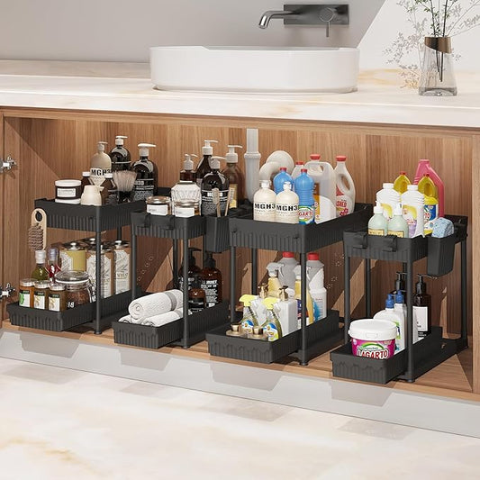 4-Pack Under Sink Organizer, 2-Tier Multi-Use Pull Out Kitchen Bathroom Organizers and Storage with Sliding Drawer, Cabinet Organizer with 2 Hanging Cups and Multi-type Hooks (Black)