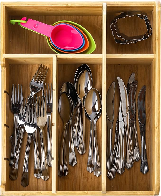 Frcctre Bamboo Utensil Caddy Organizer for Countertop, 8 Compartment Paper Plate Holder, Adjustable Utensil Holder Cutlery Organizer Box for Plate, Cup, Fork, Spoon, Napkin