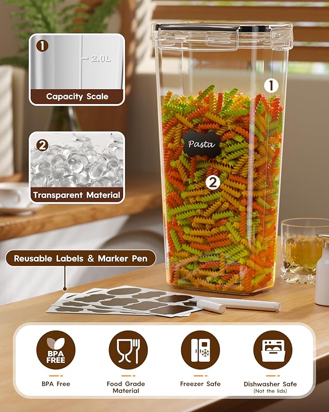 15 Pack Airtight Food Storage Containers with Lids, Kitchen Pantry Organizers and Storage, BPA-Free Plastic Food Canisters for Cereal, Flour, Sugar, Pasta, Dry Food, Include Labels & Marker