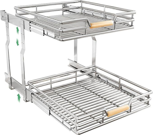 Kitstorack Pull out Cabinet Organizer,2 Tier Heavy Duty Smooth Sliding Under Cabinet Shelves for Pots and Pans,Roll out Drawers with Thickened Chrome Plating(23" W X 21" D)