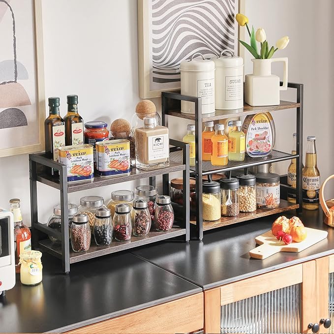 IBUYKE 2-Tier Spice Rack Industrial Counter Shelf Desktop Storage Organizer for Countertop Kitchen Office Living Room Desktop UTLJ002G