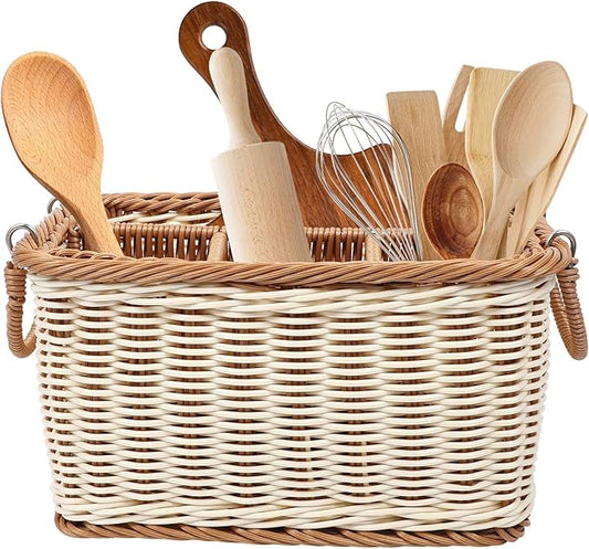 Utensil Holder Silverware, Rattan Hand Woven Cutlery Storage Organizer, Multifunctional Divided Storage Basket, for Hold Forks, Knives, Napkins, Foods and Sundries （ Flexible Handle ）