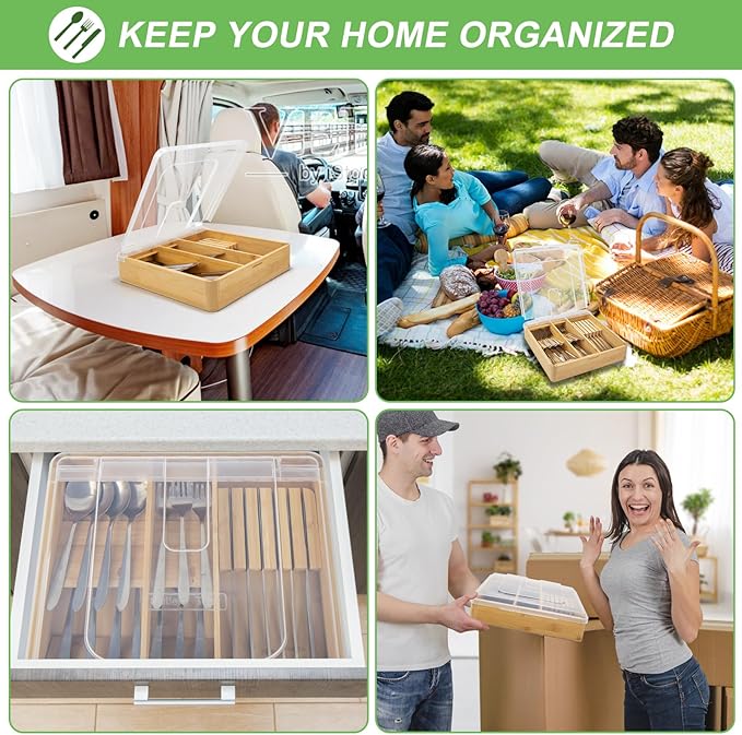 Bamboo Silverware Tray with Lid, Compact Bamboo Utensil Organizer for Kitchen Drawers Countertop, Dust-proof Sturdy Flatware Organizers and Storage Holder with Labels, Steak Knife Block