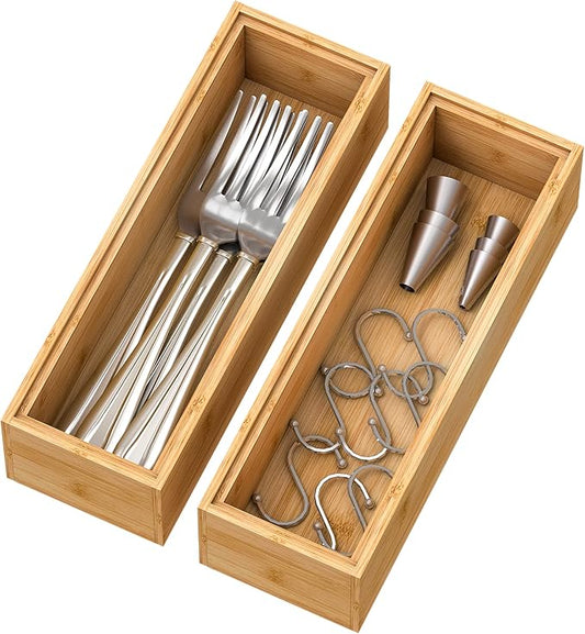 Bambloom Bamboo Kitchen Drawer Organizer, Stackable Silverware Tray Utensil Organizer Cutlery Holder for Kitchen Drawers, Wooden Storage Box for Bathroom Countertop, Multi-Use Drawer Organizer for